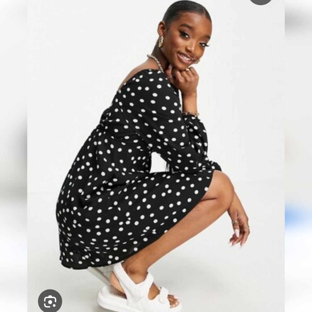 ASOS DESIGN Polka Dot V-Neck Tea Mini Dress Black White Button Front Size US 6